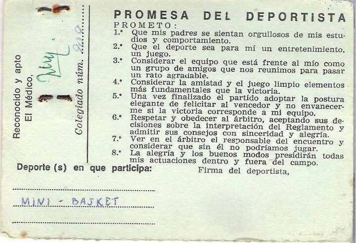 Ficha Mini Basket año 1970